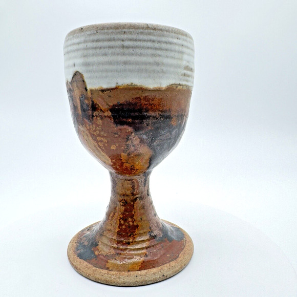 Studio Art Pottery Goblet Chalice Cup Textured Brown Black Stoneware Signed #1 - Picture 2 of 11